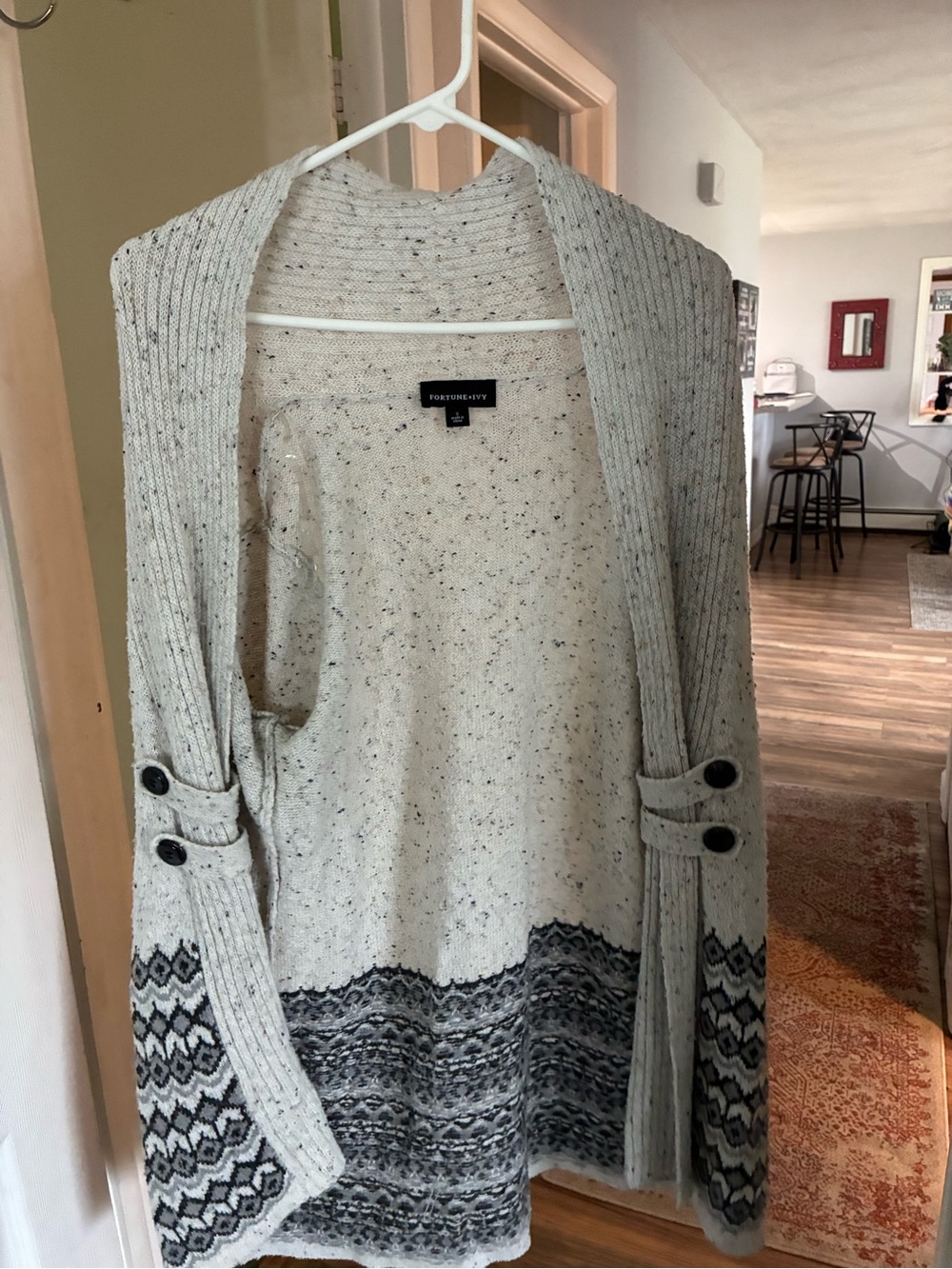 Open-Front Ivory Speckle Cardigan with Patterned Hem